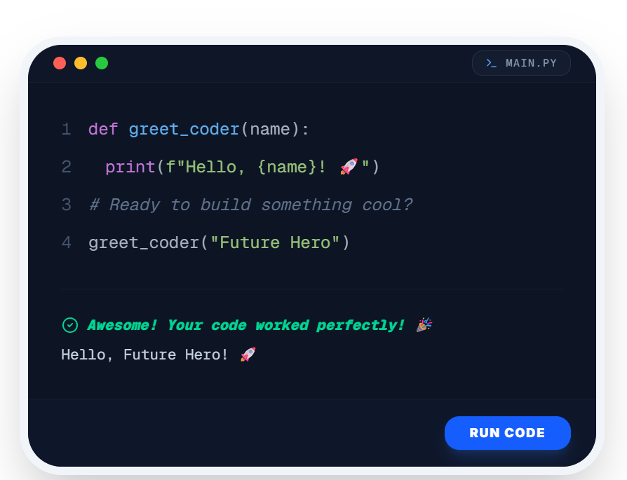 Under16Coders — Free Online Compiler for Kids showing Python code editor